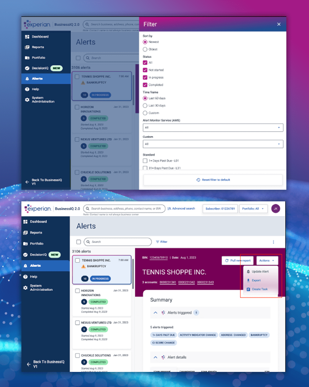 Experian Account Monitoring Biz IQ Screenshot Sample